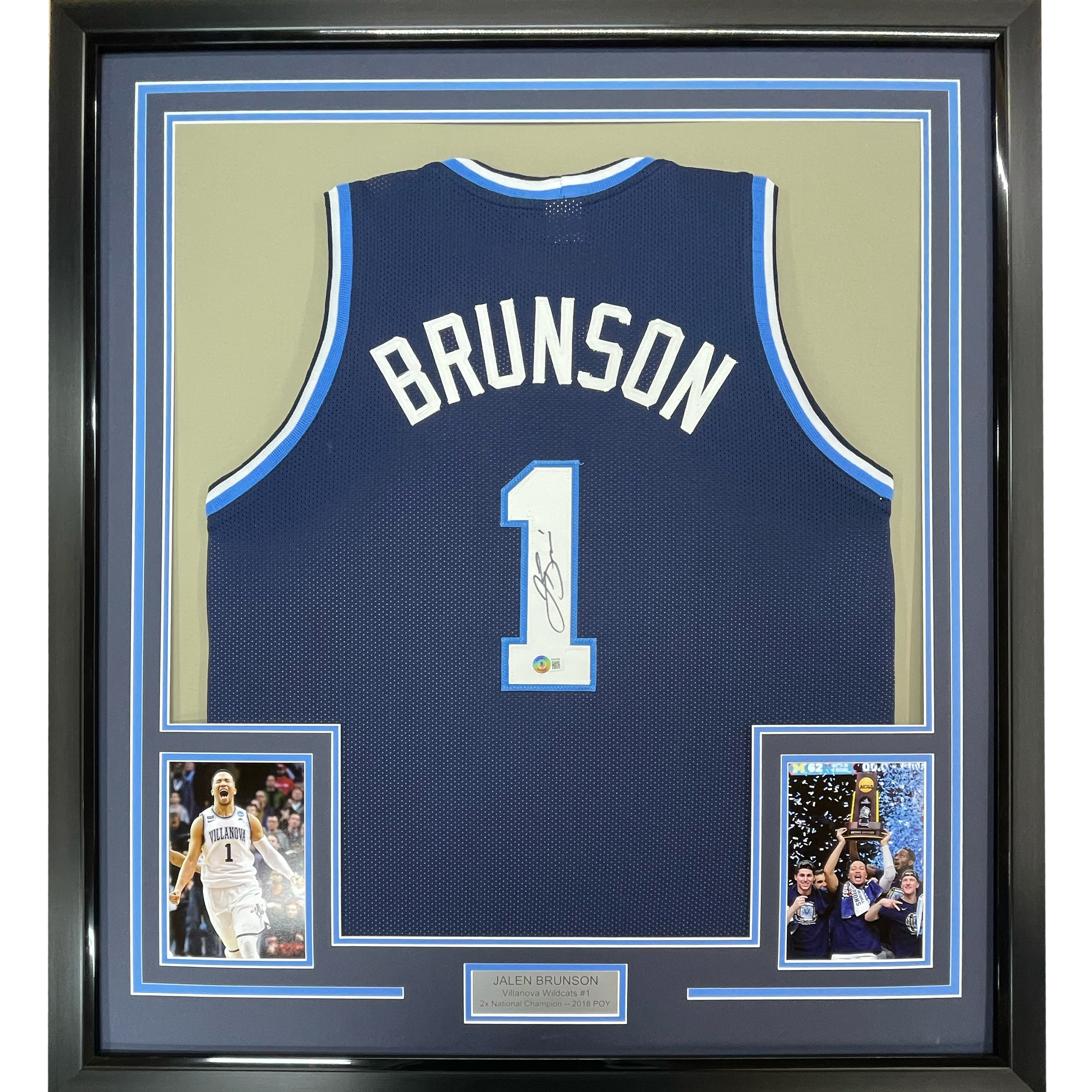 Framed Autographed/Signed Jalen Brunson 35x39 Villanova Blue College Basketball Jersey Beckett BAS COA