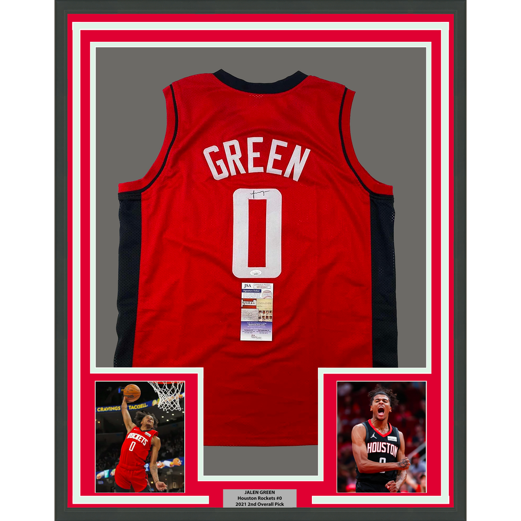 Framed Autographed/Signed Jalen Green 35x39 Houston Red Basketball Jersey JSA COA