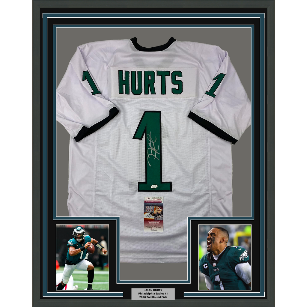 Framed Autographed/Signed Jalen Hurts 35x39 #1 Philadelphia White Football Jersey JSA COA