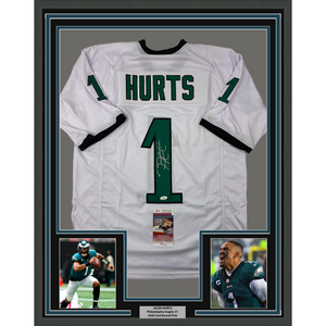 Framed Autographed/Signed Jalen Hurts 35x39 #1 Philadelphia White Football Jersey JSA COA