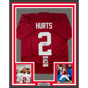 Framed Autographed/Signed Jalen Hurts 35x39 Alabama Red College Football Jersey JSA COA