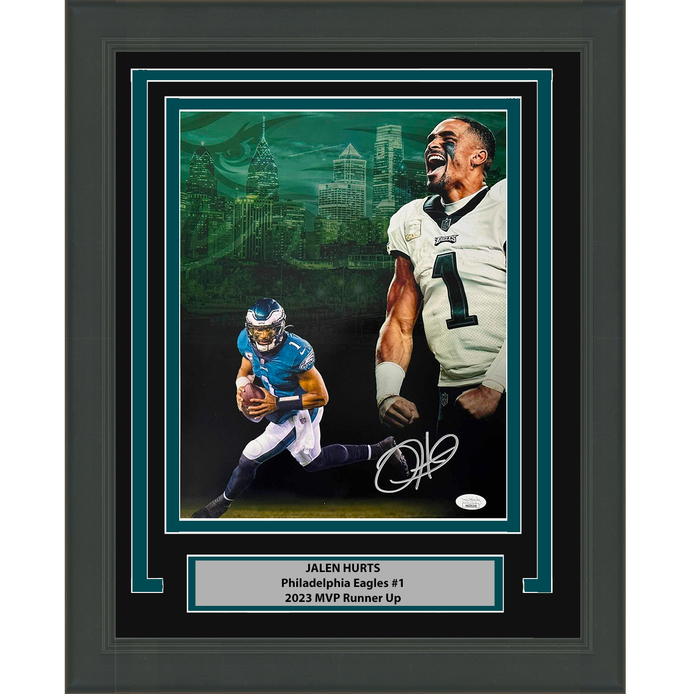 Framed Autographed/Signed Jalen Hurts Philadelphia Eagles 8x10 Football Photo JSA COA #3