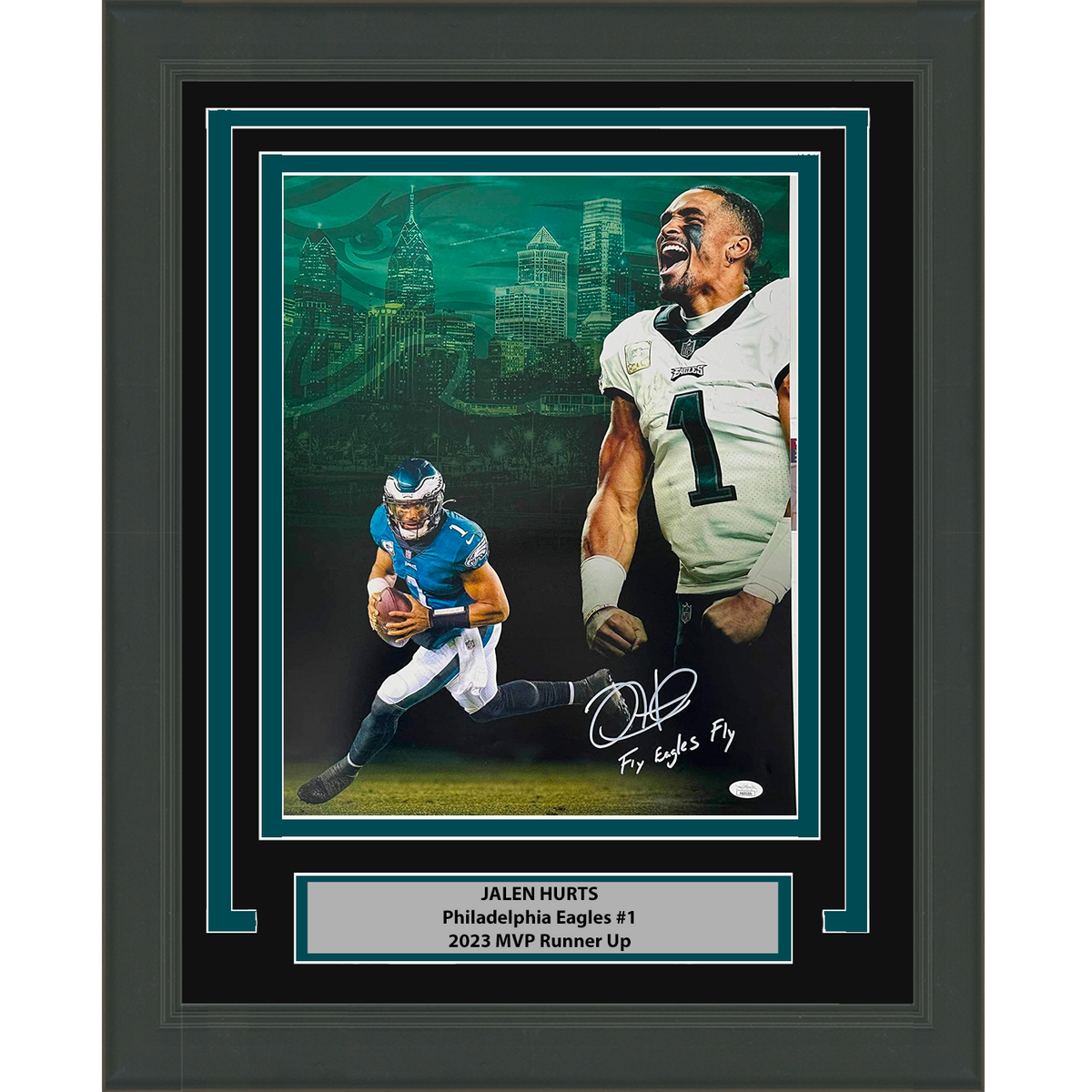 Framed Autographed/Signed Jalen Hurts Inscribed Fly Eagles Fly Philadelphia 16x20 Football Photo JSA COA #2