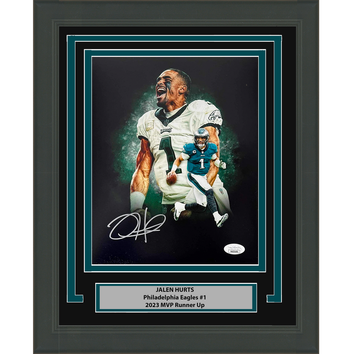 Framed Autographed/Signed Jalen Hurts Philadelphia Eagles 8x10 Football Photo JSA COA #1