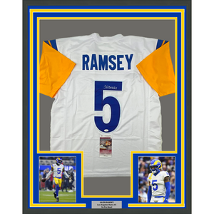 Framed Autographed/Signed Jalen Ramsey 35x39 Los Angeles LA White Football Jersey JSA COA