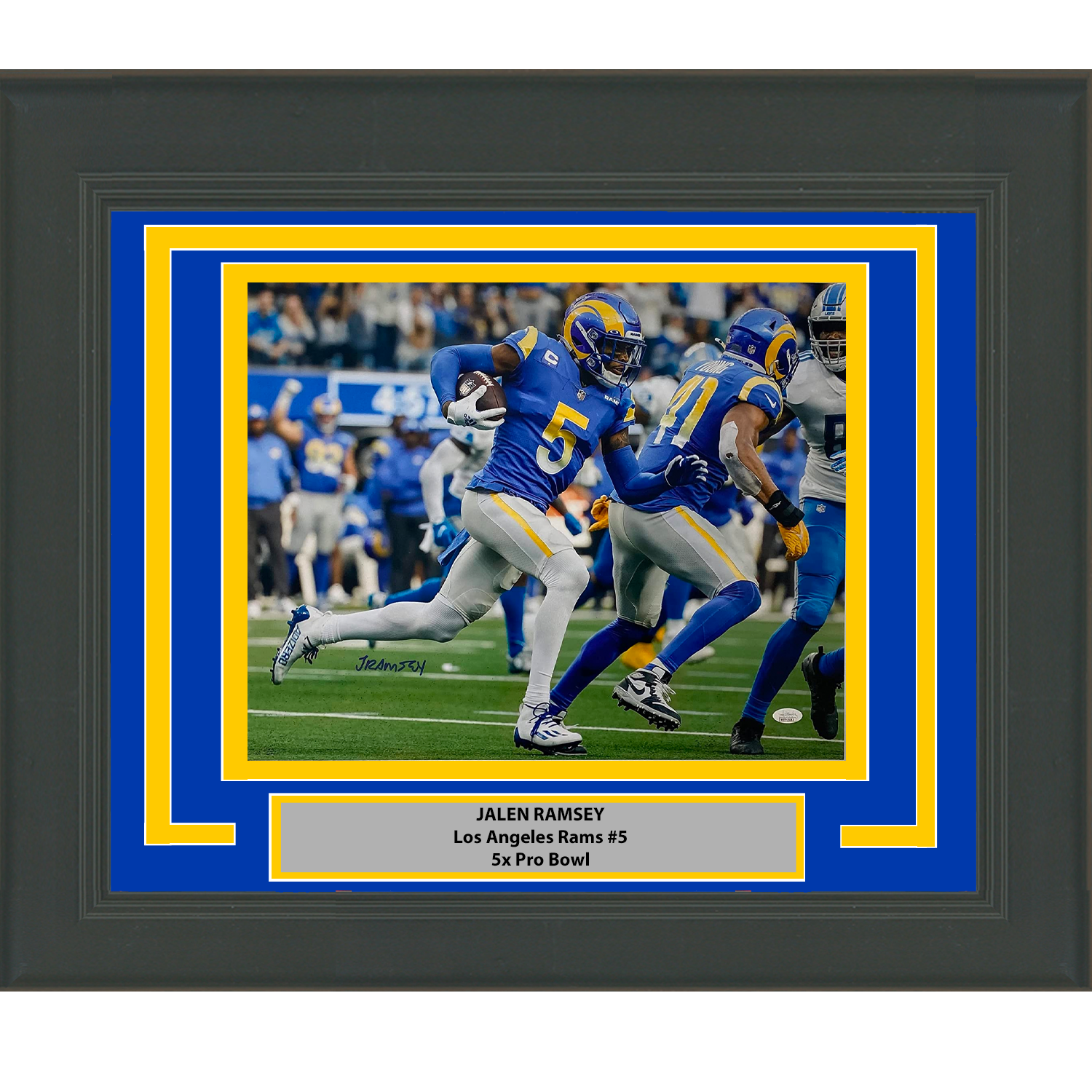 Framed Autographed/Signed Jalen Ramsey Los Angeles LA Rams 16x20 Football Photo JSA COA #1