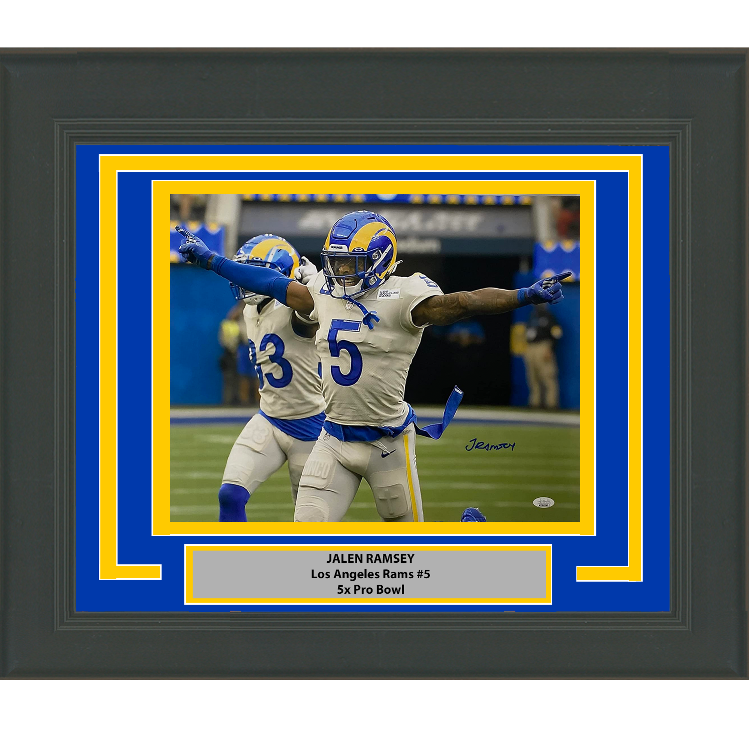 Framed Autographed/Signed Jalen Ramsey Los Angeles LA Rams 16x20 Football Photo JSA COA #3