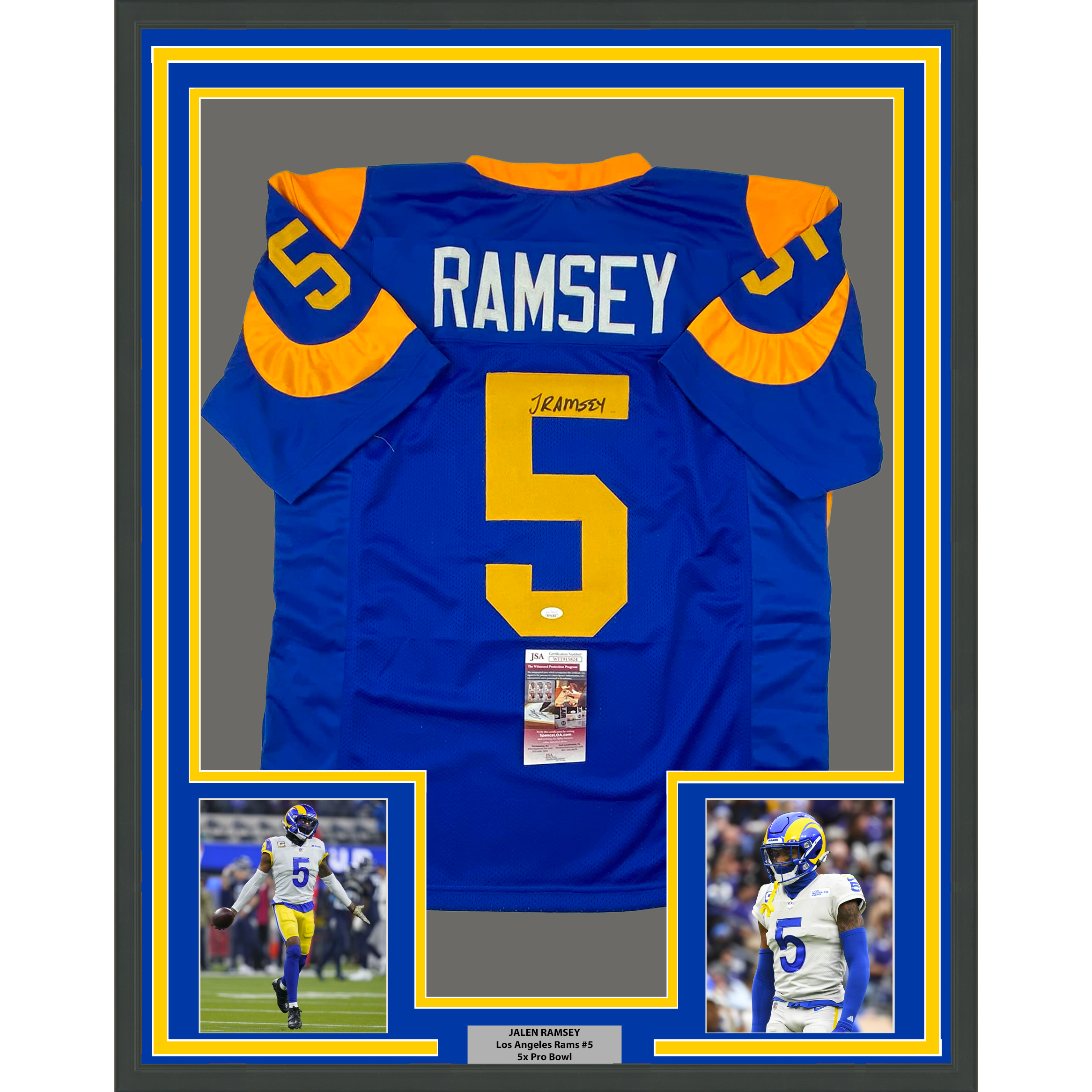 Framed Autographed/Signed Jalen Ramsey 35x39 Los Angeles LA Retro Blue Football Jersey JSA COA