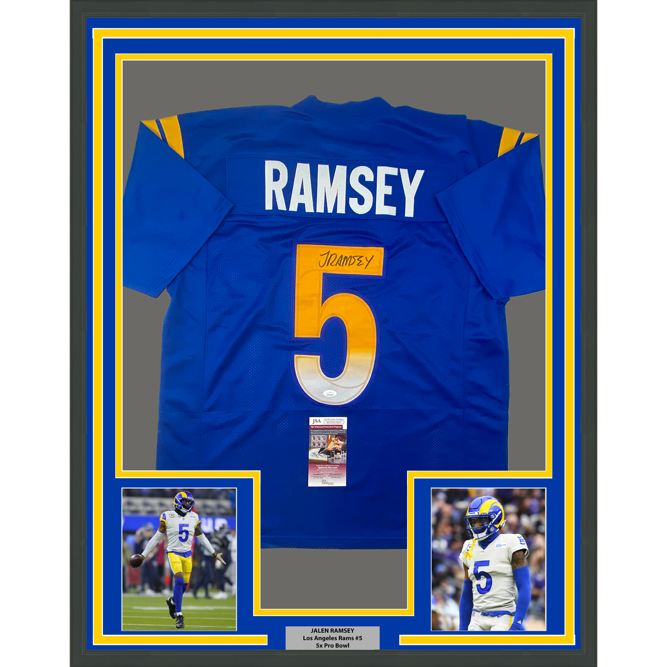 Framed Autographed/Signed Jalen Ramsey 35x39 Los Angeles LA Blue Football Jersey JSA COA