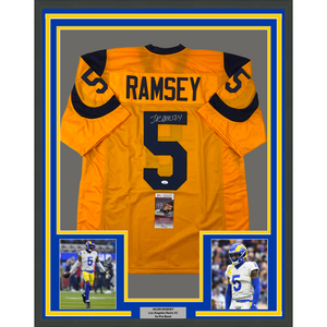 Framed Autographed/Signed Jalen Ramsey 35x39 Los Angeles LA Yellow Color Rush Football Jersey JSA COA