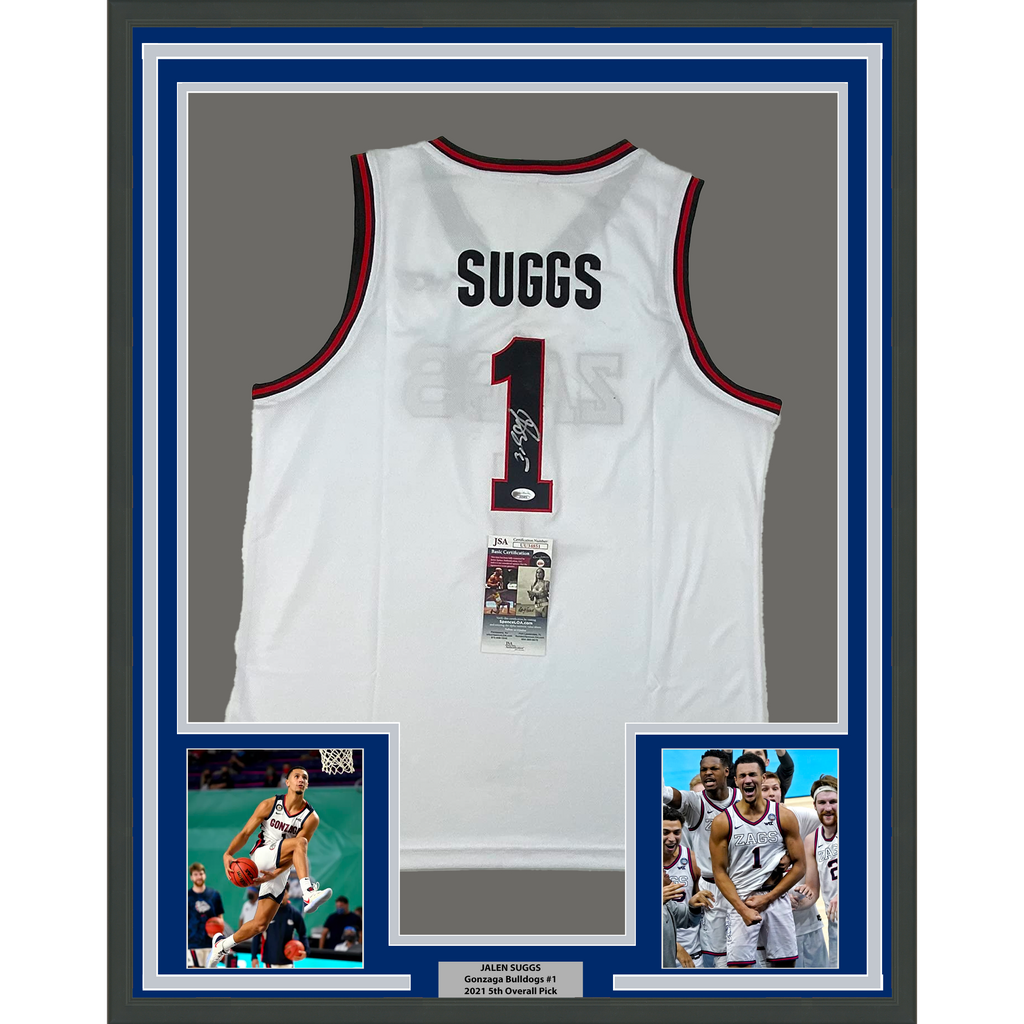 Framed Autographed/Signed Jalen Suggs 35x39 Gonzaga White College Basketball Jersey JSA COA