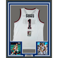 Framed Autographed/Signed Jalen Suggs 35x39 Gonzaga White College Basketball Jersey JSA COA