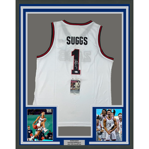 Framed Autographed/Signed Jalen Suggs 35x39 Gonzaga White College Basketball Jersey JSA COA