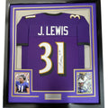 Framed Autographed/Signed Jamal Lewis 35x39 Baltimore Purple Football Jersey JSA COA