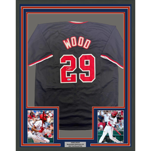 Framed Autographed/Signed James Wood 35x39 Washington Black Baseball Jersey Beckett BAS COA