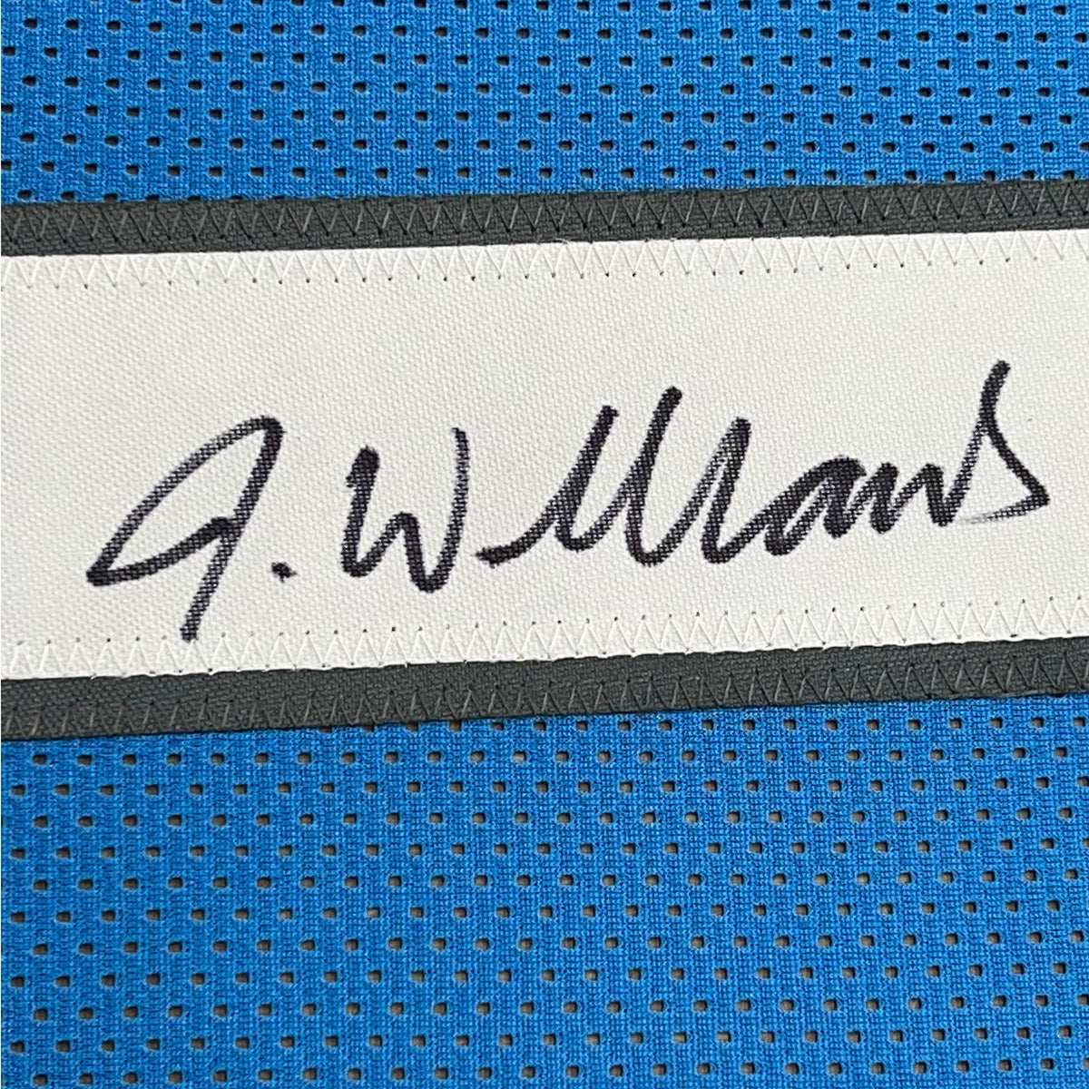 Framed Autographed/Signed Jameson Williams 35x39 Detroit Blue Football Jersey JSA COA