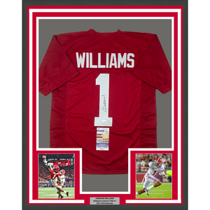 Framed Autographed/Signed Jameson Williams 35x39 Alabama Red College Football Jersey JSA COA