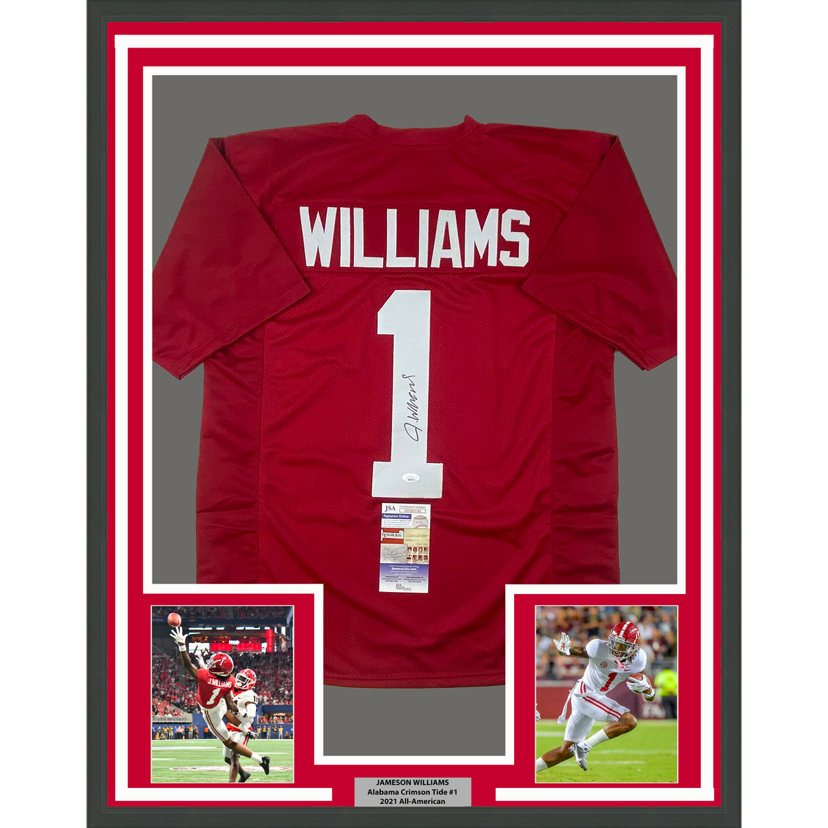 Framed Autographed/Signed Jameson Williams 35x39 Alabama Red College Football Jersey JSA COA