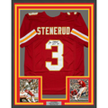 Framed Autographed/Signed Jan Stenerud 35x39 HOF 91 Kansas City Red Football Jersey JSA COA