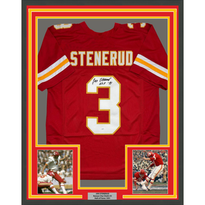 Framed Autographed/Signed Jan Stenerud 35x39 HOF 91 Kansas City Red Football Jersey JSA COA