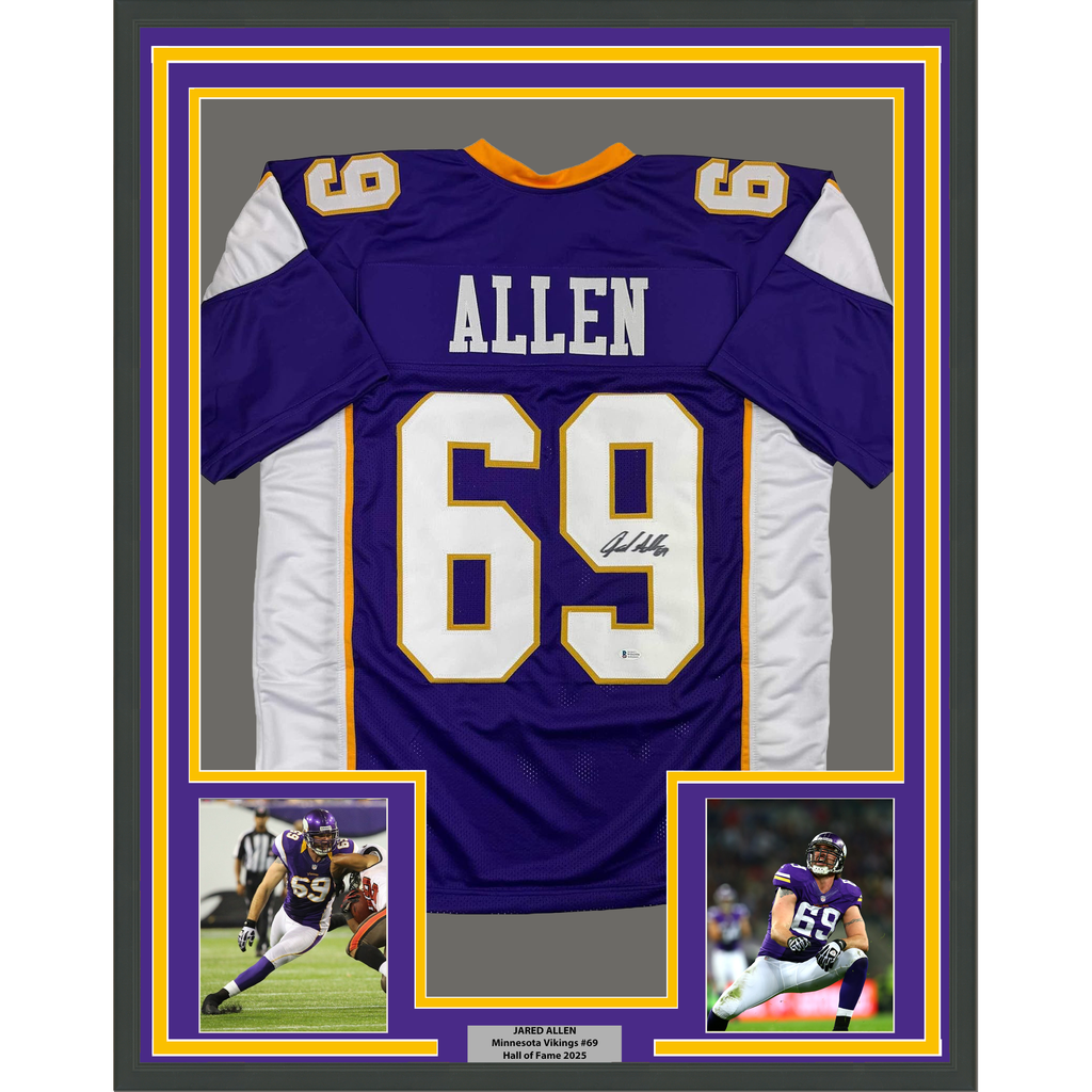 Framed Autographed/Signed Jared Allen 35x39 Minnesota Purple Football Jersey Beckett BAS COA
