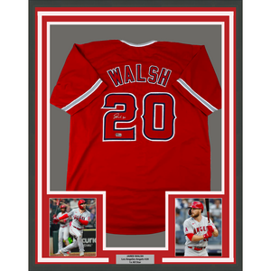 Framed Autographed/Signed Jared Walsh 35x39 Los Angeles Red Baseball Jersey Beckett BAS COA