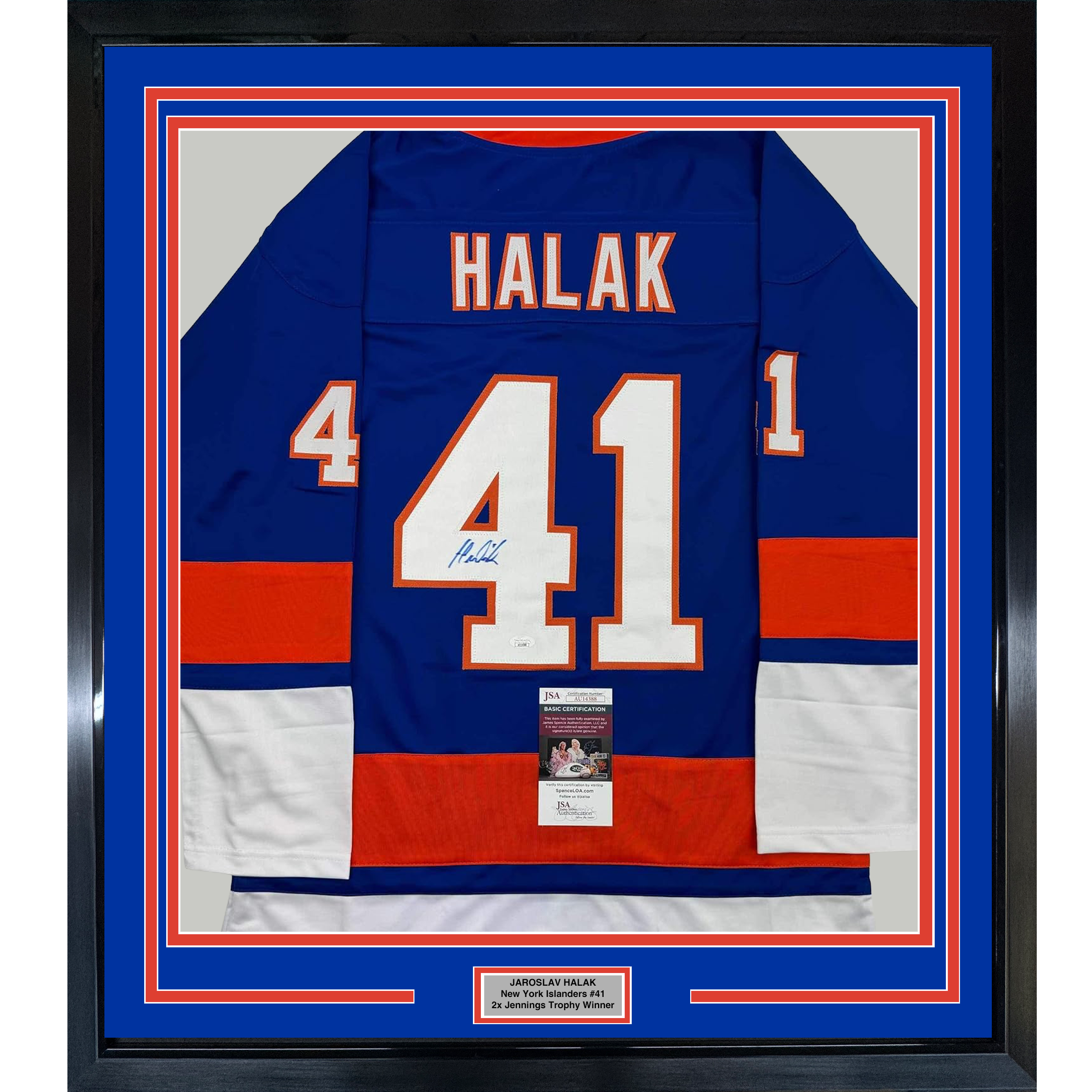 Framed Autographed/Signed Jaroslav Halak 35x39 New York Blue Hockey Jersey JSA COA