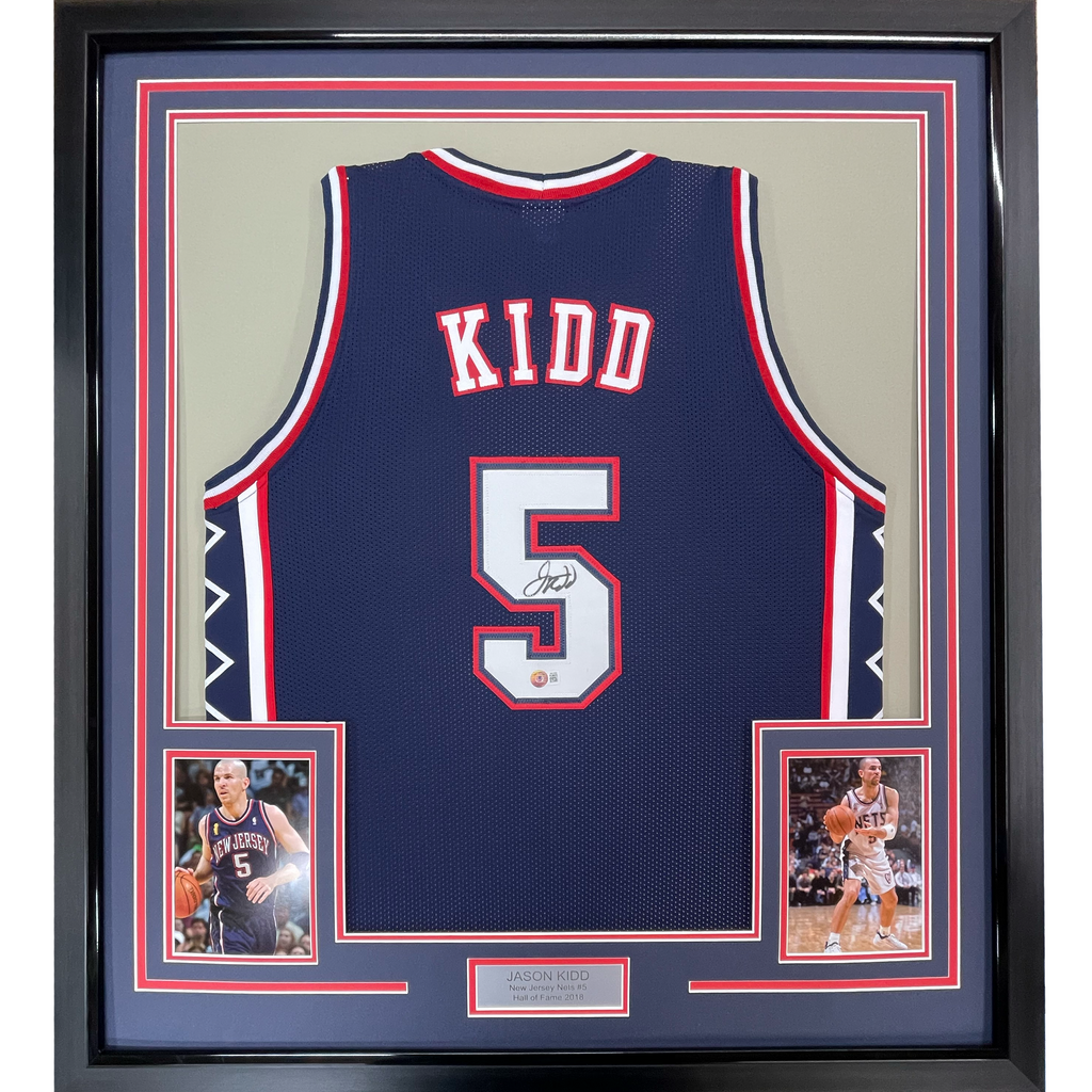 Framed Autographed/Signed Jason Kidd 35x39 New Jersey NJ Blue Basketball Jersey Beckett BAS COA