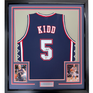 Framed Autographed/Signed Jason Kidd 35x39 New Jersey NJ Blue Basketball Jersey Beckett BAS COA