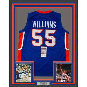 Framed Autographed/Signed Jason Williams 35x39 Florida Blue College Basketball Jersey JSA COA
