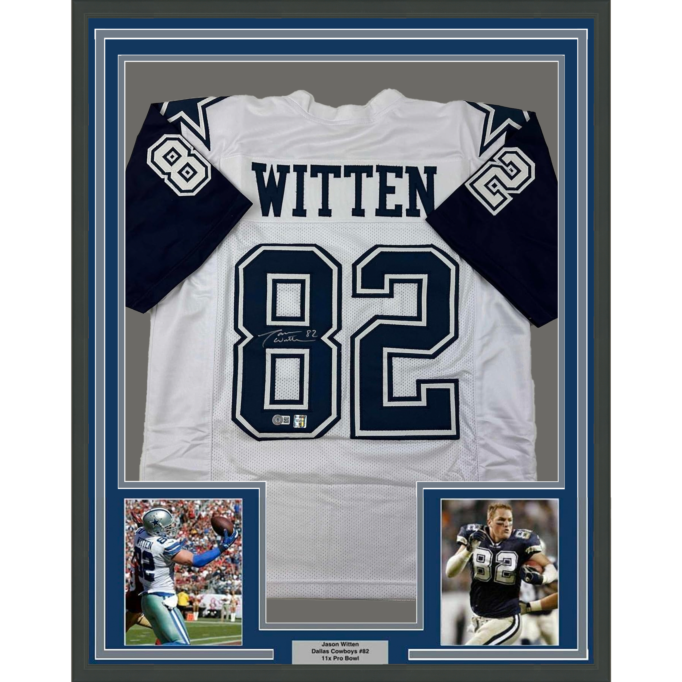 Framed Autographed/Signed Jason Witten 35x39 Dallas White Color Rush Football Jersey Beckett BAS COA