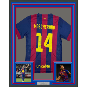 Framed Autographed/Signed Javier Mascherano 35x39 FC Barcelona Blue Soccer Jersey Beckett BAS COA