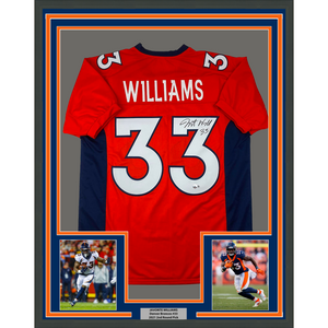 Framed Autographed/Signed Javonte Williams 35x39 Denver Orange Football Jersey Beckett BAS COA
