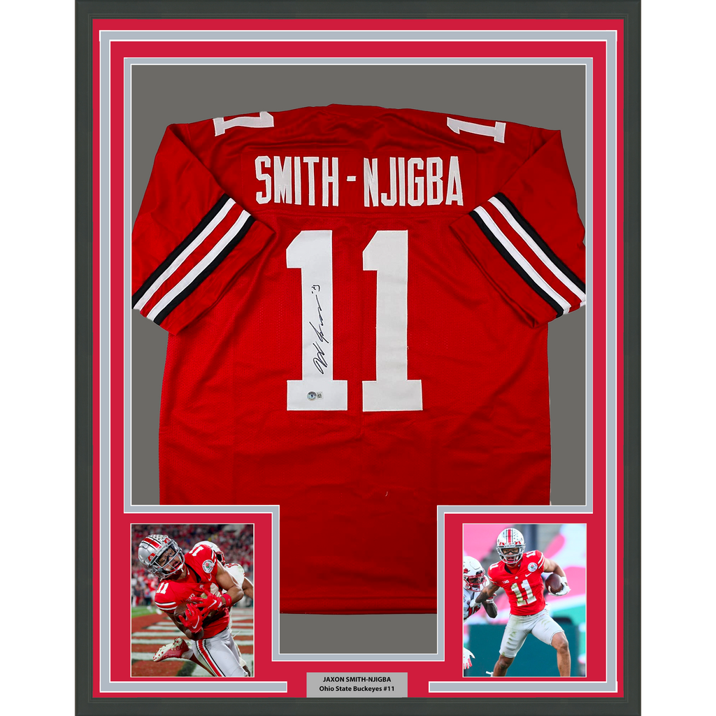 Framed Autographed/Signed Jaxon Smith-Njigba 35x39 Ohio State Red College Football Jersey Beckett BAS COA
