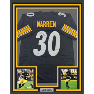 Framed Autographed/Signed Jaylen Warren 35x39 Pittsburgh Black Football Jersey Beckett BAS COA