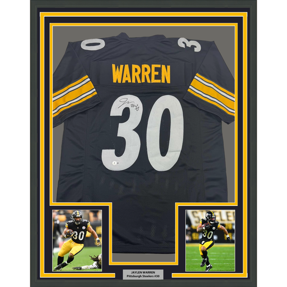 Framed Autographed/Signed Jaylen Warren 35x39 Pittsburgh Black Football Jersey Beckett BAS COA
