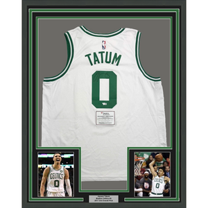 Framed Autographed/Signed Jayson Tatum 35x39 Boston Celtics White Basketball Jersey Fanatics COA