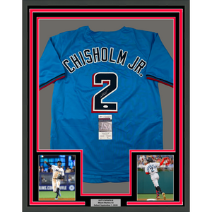 Framed Autographed/Signed Jazz Chisholm Jr. 35x39 Miami Blue Baseball Jersey JSA COA