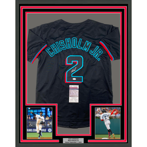 Framed Autographed/Signed Jazz Chisholm Jr. 35x39 Miami Black Baseball Jersey JSA COA