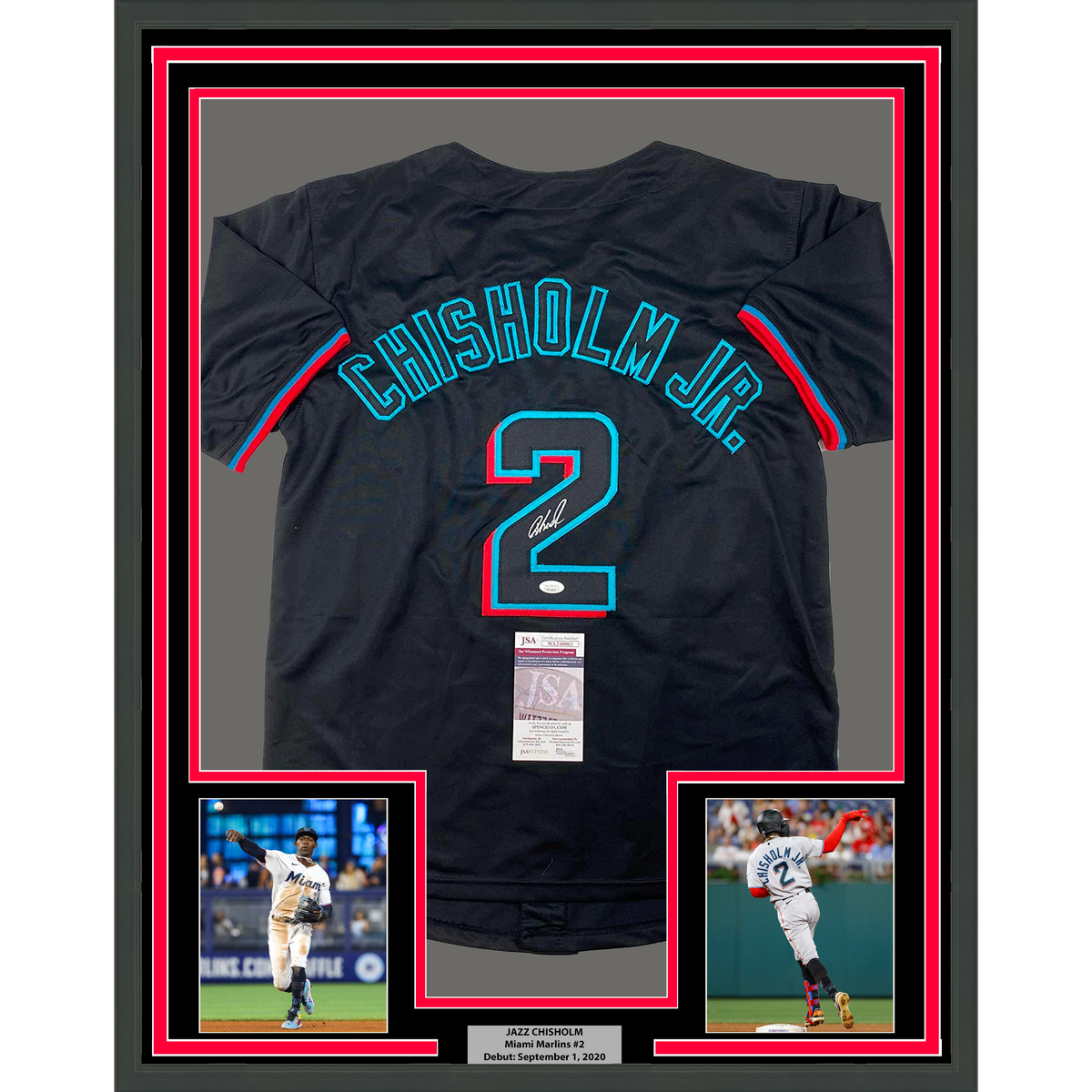 Framed Autographed/Signed Jazz Chisholm Jr. 35x39 Miami Black Baseball Jersey JSA COA