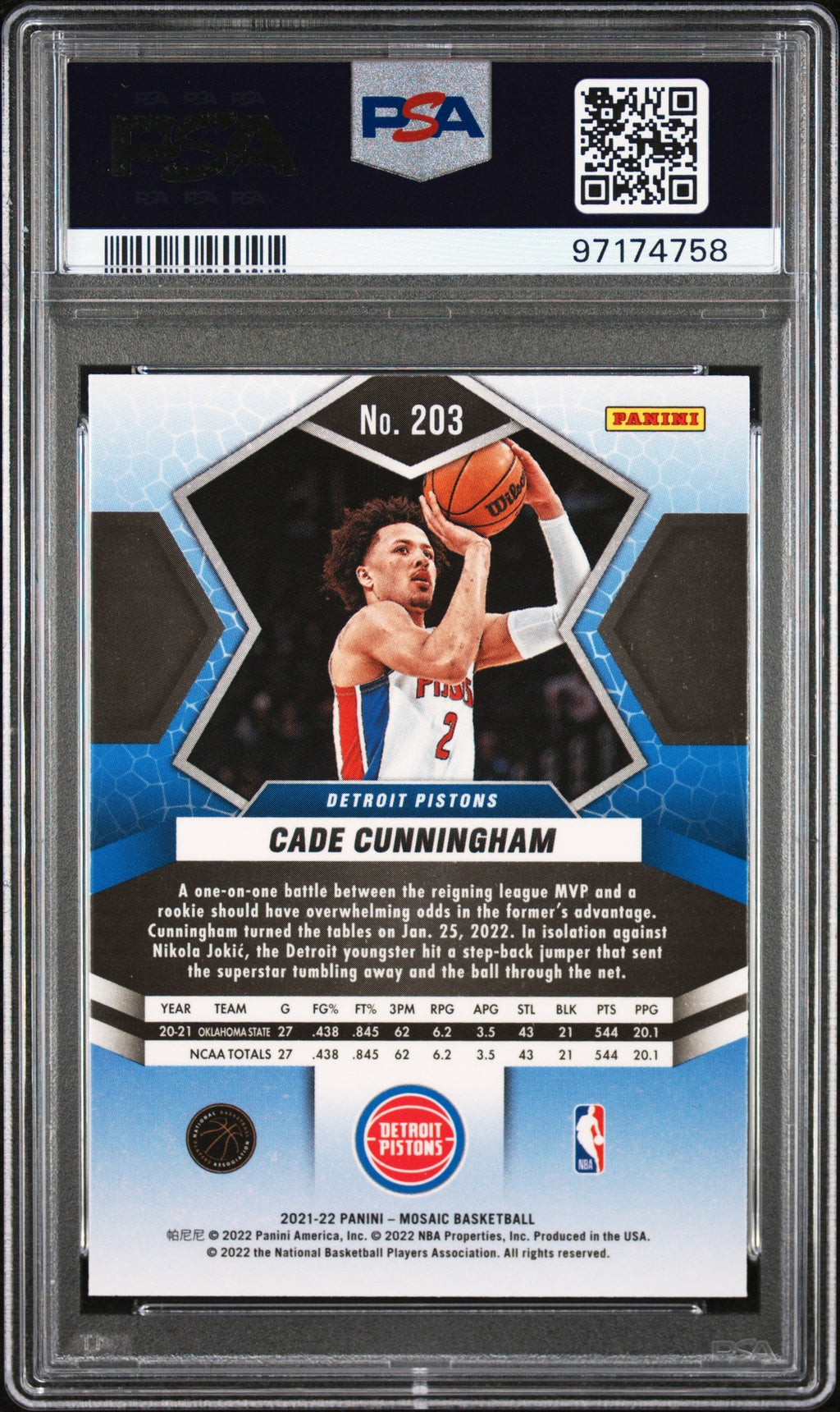 Graded 2021 Panini Mosaic Cade Cunningham #203 Rookie RC Basketball Card PSA 10 Gem Mint