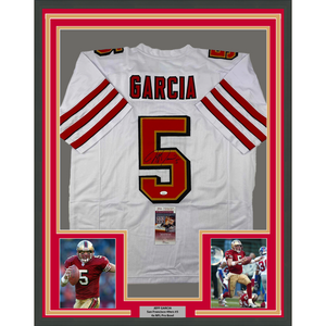 Framed Autographed/Signed Jeff Garcia 35x39 San Francisco White Football Jersey JSA COA