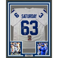 Framed Autographed/Signed Jeff Saturday 35x39 Indianapolis White Football Jersey JSA COA