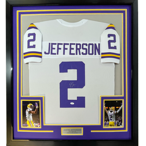 Framed Autographed/Signed Justin Jefferson 35x39 LSU White College Football Jersey JSA COA