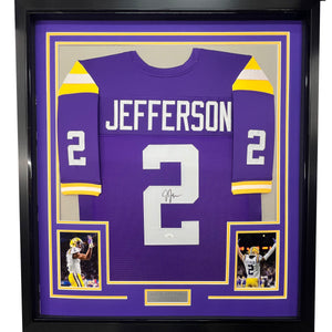 Framed Autographed/Signed Justin Jefferson 35x39 LSU Purple College Football Jersey JSA COA