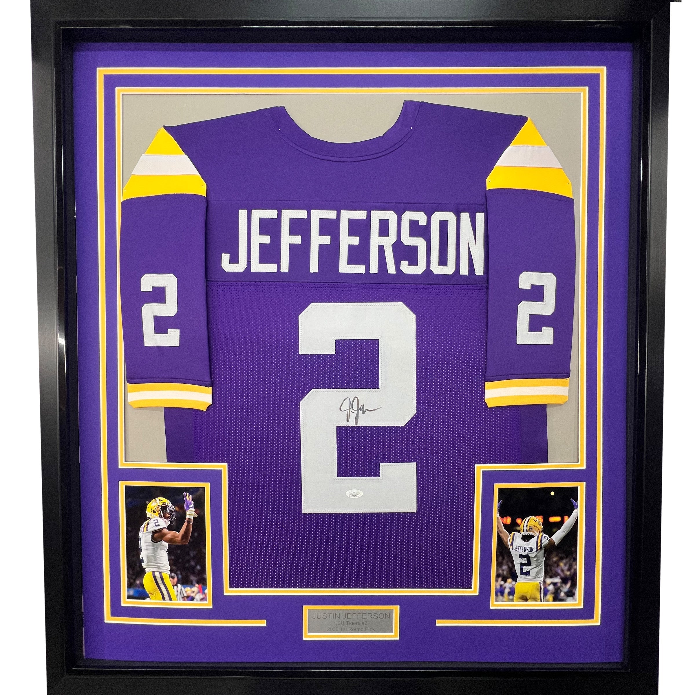 Framed Autographed/Signed Justin Jefferson 35x39 LSU Purple College Football Jersey JSA COA