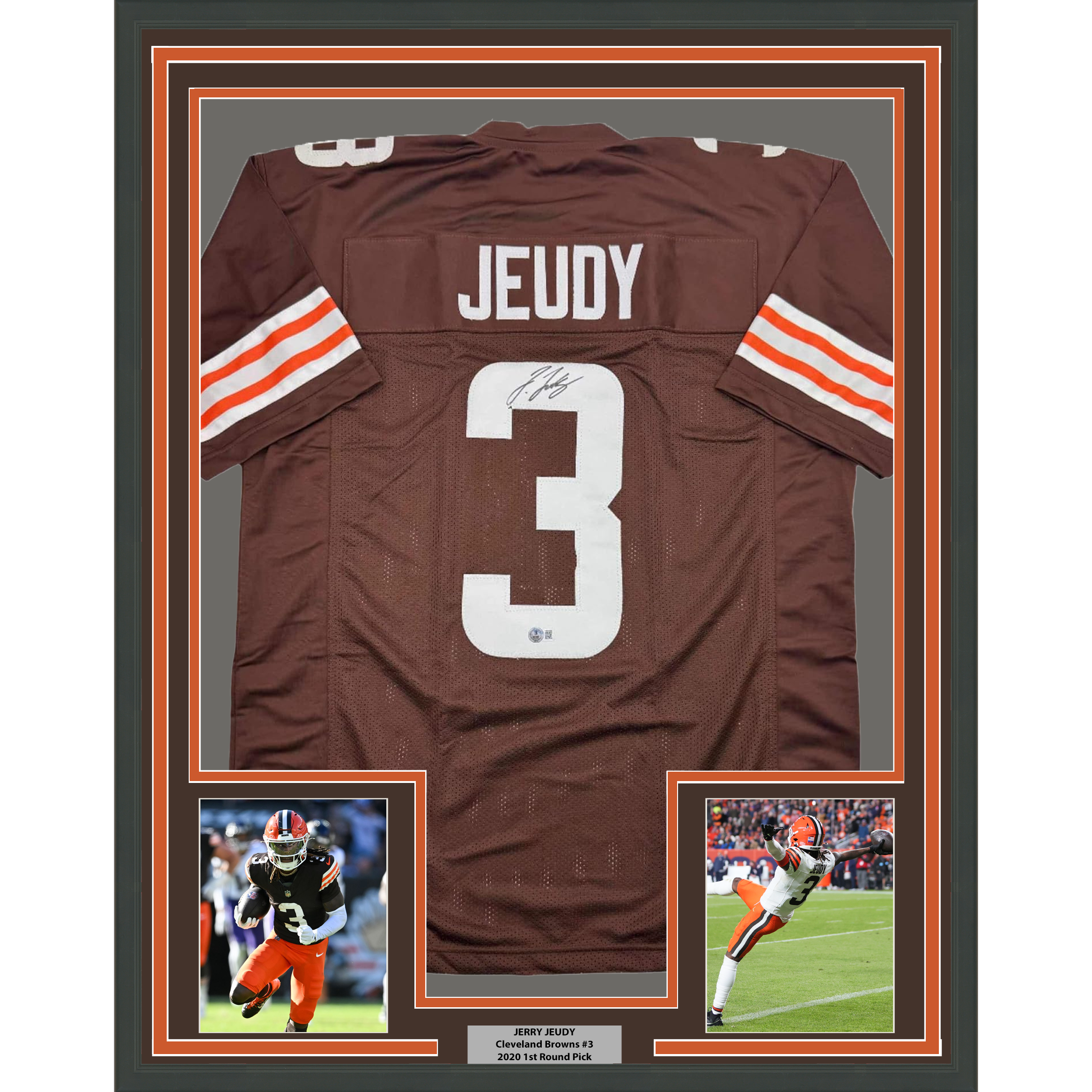 Framed Autographed/Signed Jerry Jeudy 35x39 Cleveland Brown Football Jersey Beckett BAS COA