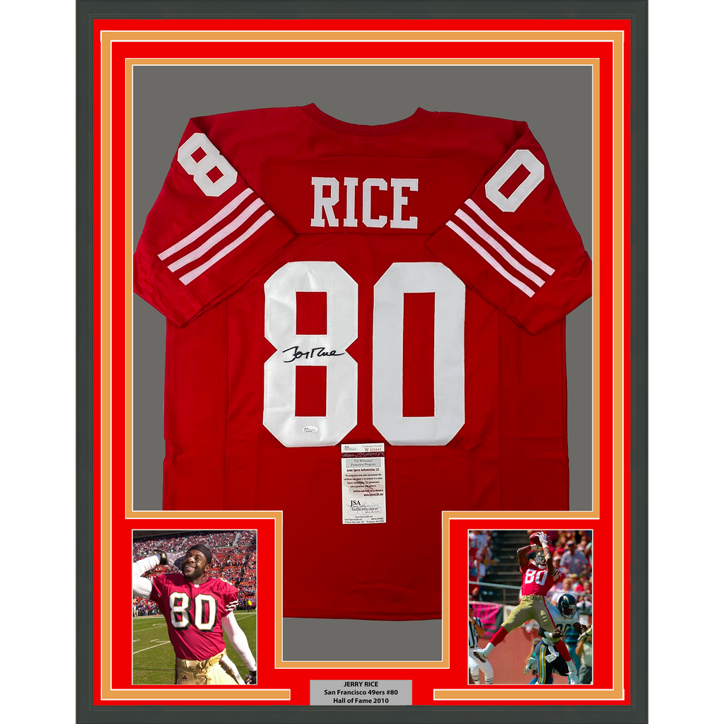 Framed Autographed/Signed Jerry Rice 35x39 San Francisco Red Football Jersey JSA COA