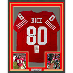 Framed Autographed/Signed Jerry Rice 35x39 San Francisco Red Football Jersey JSA COA