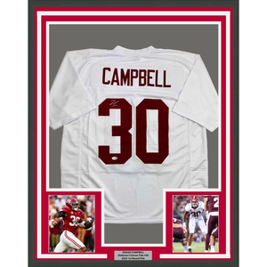 Framed Autographed/Signed Jihaad Campbell 35x39 Alabama White College Football Jersey JSA COA
